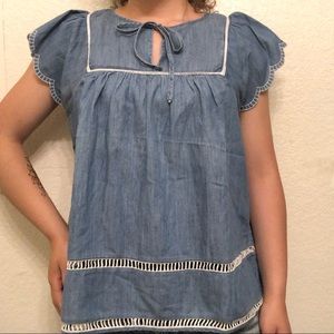 GAP Eyelet Flutter Sleeve Embroidered Chambray Top